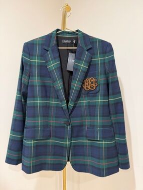 Lauren Ralph Lauren Navy and Green Plaid Single-Button Blazer